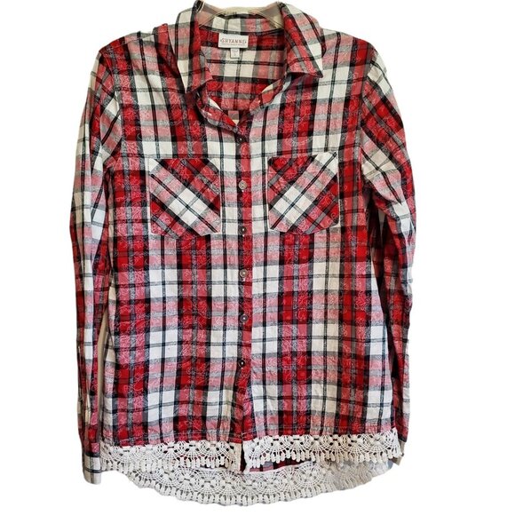 Shyanne Red Flannel Plaid Button Up with Crochet Lace Trim - Picture 1 of 14